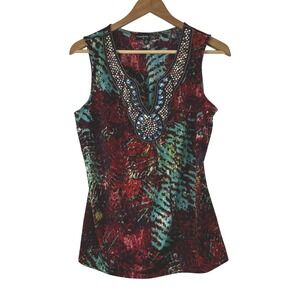 Y2K 90s Beaded Boho Blouse Size XL Colorful Abstract Print V Neck  7 Wonders Top